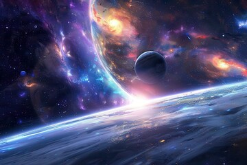 Wall Mural - Breathtaking view of a distant planet with vibrant cosmic clouds and a starry night sky.