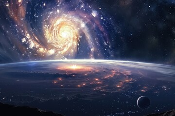 Glowing spiral galaxy with a blue and orange hue illuminating a distant planet.