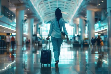 Aufkleber - A flight attendant walks through a busy airport terminal, pulling a suitcase, as travelers bustle around her in the morning light. Generative AI