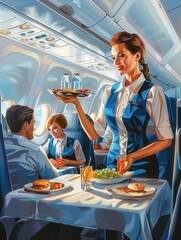 Aufkleber - A flight attendant serves food and drinks to passengers seated comfortably in an aircraft while they enjoy their journey. Generative AI