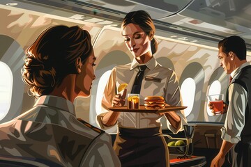 Aufkleber - A flight attendant serves food and drinks to passengers seated comfortably inside an airplane cabin during a morning flight. Generative AI
