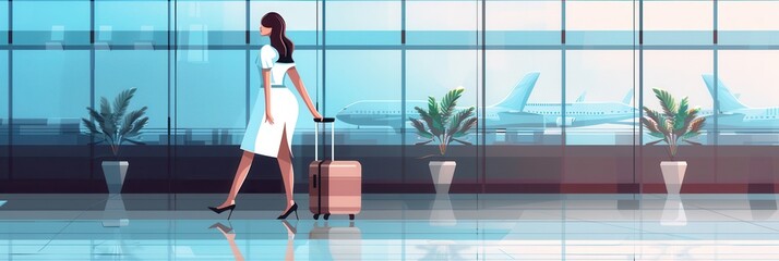 Aufkleber - A flight attendant strolls through the airport carrying a suitcase, surrounded by airplanes and potted plants in the terminal. Generative AI