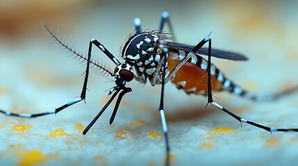 Close-up of a black and white striped mosquito with orange abdomen on a light blue surface.