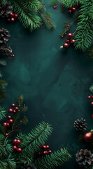 festive dark green background with pine branches and red berries