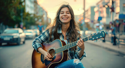 Canvas Print - A young woman is playing the guitar on an urban street, smiling and looking happy as she strums the strings