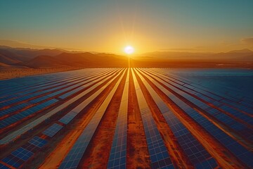 Expansive Solar Panel Fields Under a Vibrant Sunrise Amidst Mountainous Landscape