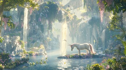 Wall Mural - Magical Unicorn in a Fantasy Waterfall Forest