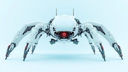 Wall Mural - Futuristic White Robotic Spider with Red Eye Isolated on Blue Background