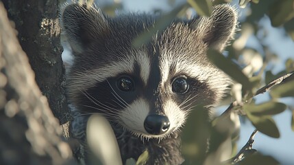 Wall Mural - Close Up Portrait of a Curious Raccoon in a Tree