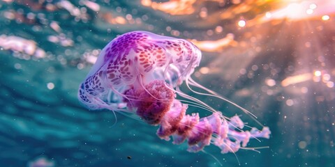 Poster - Purple jellyfish Pelagia noctiluca swimming underwater near the beach Encounter with these medusas during summer holidays can pose a danger to tourists