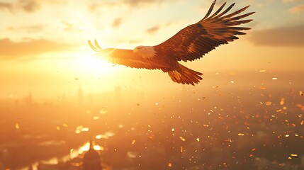 Sticker - Golden Eagle Soaring Above Cityscape at Sunset