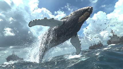 Poster - Humpback Whale Breaching in Ocean with Ships and Birds