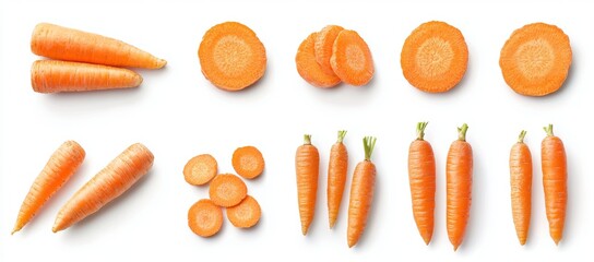 Wall Mural - Carrot slices and pieces in different arrangements isolated on a white background, food vegetables for cooking.