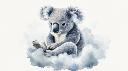 Wall Mural - Watercolor depiction of an adorable koala seated on a cloud