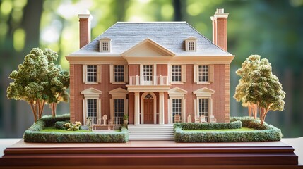 Colonial-style house model with a symmetrical facade and green landscape