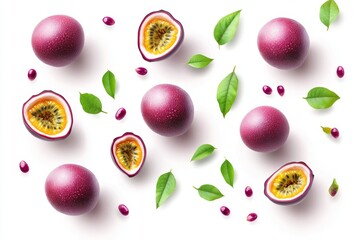 Wall Mural - The half slice of a passion fruit with its seed falling in the air is isolated on a background of leaves. Tropical fruit is in season in the summer.