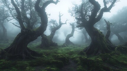 Poster - Mysterious Foggy Forest with Moss Covered Trees