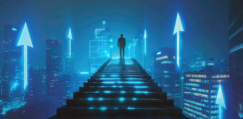 Wall Mural - Businessman standing on the stairs with a digital blue background of a cityscape and upward arrows, a concept for business success or growth