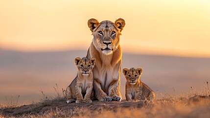 Sticker - Lioness and Cubs at Sunset in the African Savanna