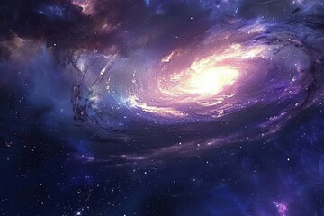 Wall Mural - Glowing spiral galaxy with bright center and dust clouds in deep space.