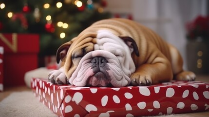 Festive surprise  adorable puppy in santa hat as a new year gift under the christmas tree