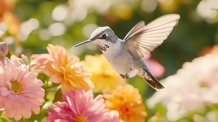 Wall Mural - Hummingbird in Flight Near Pink Flowers