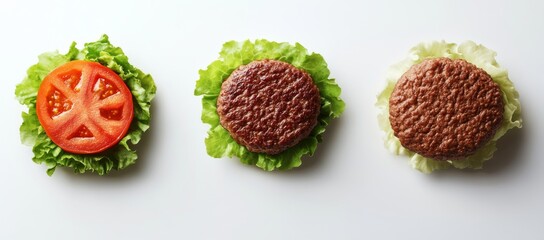 Wall Mural - Bread bun, meat, lettuce, and lettuce vegetable for cooking isolated on white background. Popular fast food item.