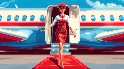 Aufkleber - A flight attendant confidently walks down the red carpet from an aircraft, showcasing excellent service at a picturesque airport with stunning scenery. Generative AI