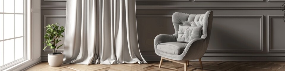 Sticker - Cozy gray armchair next to sophisticated curtains in a living space.