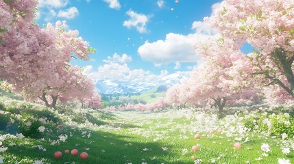 Poster - Springtime Meadow with Cherry Blossom Trees and Mountains