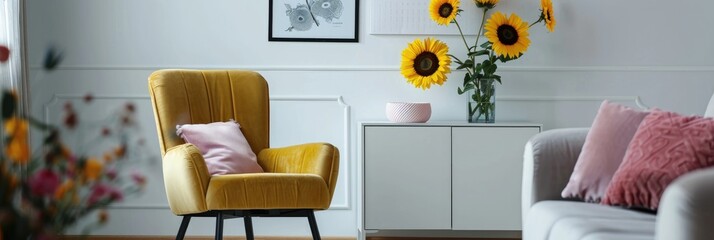 Wall Mural - Contemporary flat interior featuring a modern chair and sunflowers on a cabinet, accompanied by posters and pink pillows on the sofa.