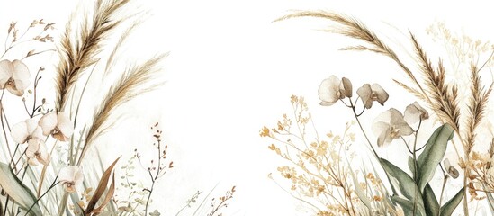 Wall Mural - Watercolor illustration featuring a rustic frame of pampas grass and orchids