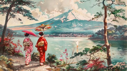 Japanese women on the background of Fujiyama