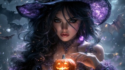 Beautiful witch with glowing pumpkin on Halloween night

