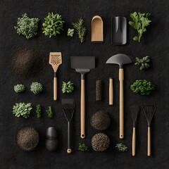 Wall Mural - Gardening Tools and Plants on Black Background