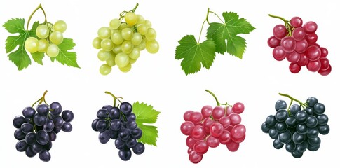 Wall Mural - Various bunches of grapes isolated on a pale green background, fruit with high vitamin content.