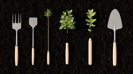 Wall Mural - Garden Tools and Seedlings on Dark Soil Background