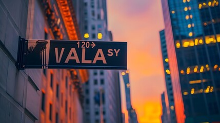 Sticker - A simplistic illustration of Wall Street sign against a cinematic dusk skyline  AI generated illustration