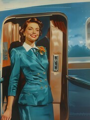 Aufkleber - A flight attendant stands gracefully at the aircraft door, smiling warmly and ready to greet travelers as they embark on their journey. Generative AI