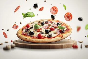 Wall Mural - A pizza menu on a wooden plate with falling tomato, pepper and parsley ingredients.