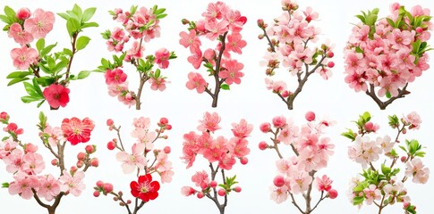 Wall Mural - Collection of colorful twig flowers on a spring meadow grass background, isolated on a white background.