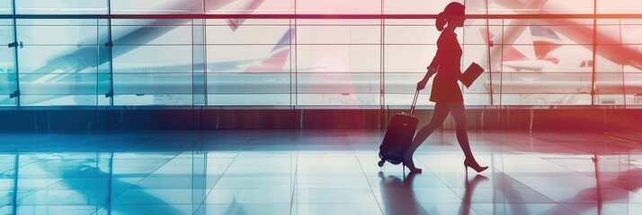 Aufkleber - A flight attendant moves confidently through the airport terminal, pulling a suitcase and preparing for the next flight. Generative AI
