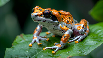 Amazon Horned Frog sitting on a bright green leaf, its vibrant colors standing out