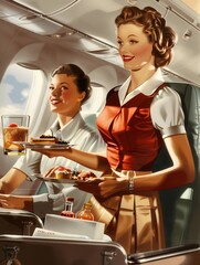 Aufkleber - A flight attendant serves meals on a tray, smiling at a passenger who enjoys the in-flight dining experience in the 1950s. Generative AI