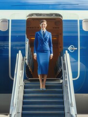 Aufkleber - A flight attendant stands at the plane's entrance, ready to greet travelers as they prepare to board the aircraft, showcasing professionalism and warmth. Generative AI