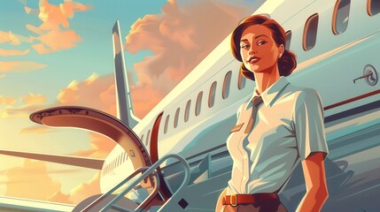 Aufkleber - A flight attendant greets passengers at the airplane door, radiating professionalism and warmth against a beautiful sunset backdrop. Generative AI