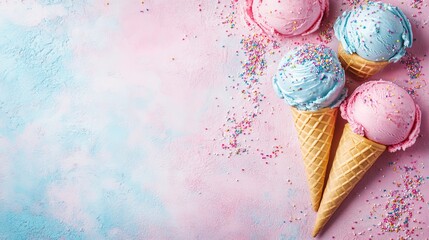 The poster flyer background is pink and blue, and the ice cream is fresh and cool