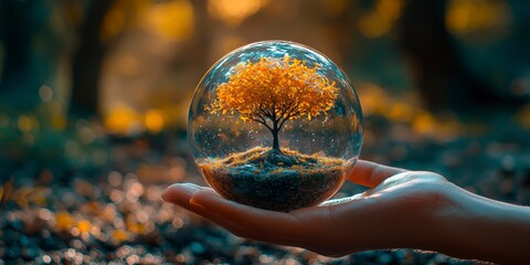 A hand holds a glass sphere with a tree on a forest background, an environmental concept for Earth Day.