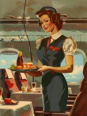 Aufkleber - A flight attendant in a retro uniform serves a colorful breakfast tray to passengers on an airplane. Generative AI