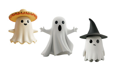 Wall Mural - Fun Halloween Ghosts Wearing Different Hats: 3D Cartoon Style Character Set, Isolated on Transparent Background, PNG